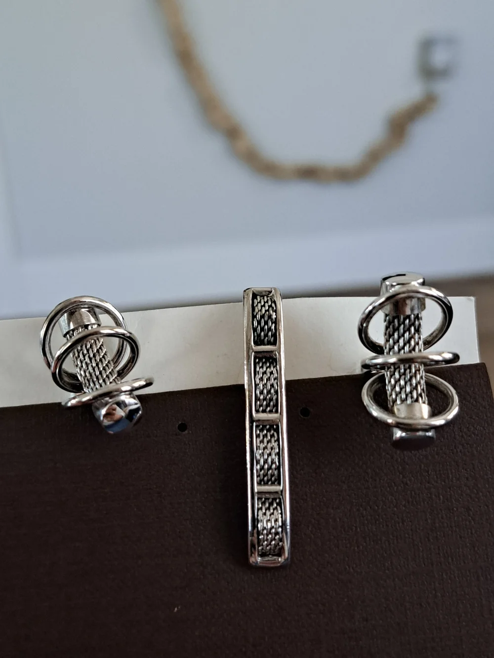 Swank Men's Silver Mesh Cufflink and Tie Bar Set